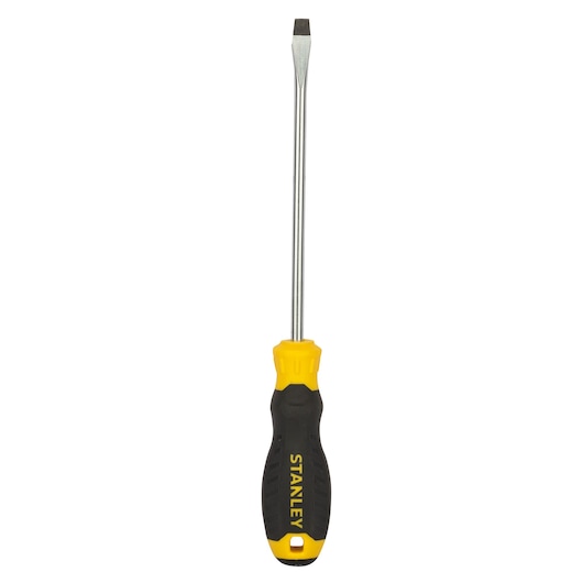 STANLEY STMT60828-8 flathead screwdriver with black and yellow handle, front angle, white background.