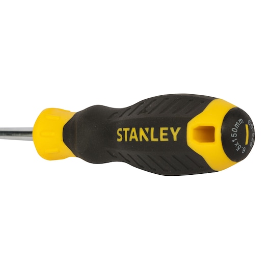 STANLEY STMT60828-8 black and yellow Phillips screwdriver, close-up handle view, white background.