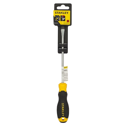 STANLEY STMT60828-8 flathead screwdriver with yellow-black handle, front angle, photography.
