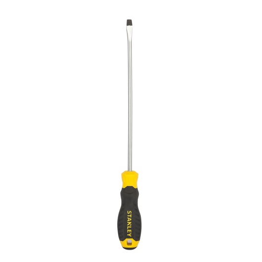 STANLEY STMT60829-8 flathead screwdriver with yellow and black handle, front angle, white background.