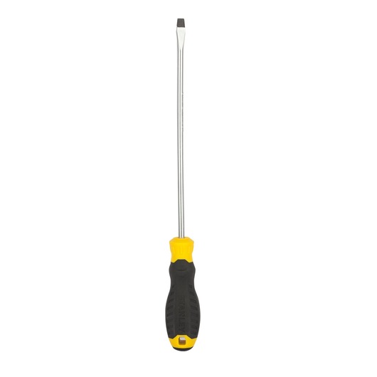 STANLEY STMT60829-8 flathead screwdriver with black and yellow handle, front angle, white background.