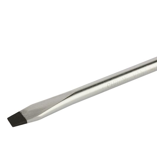 A close-up image of a flathead screwdriver with a metallic handle, showing the tip and part of the shaft.