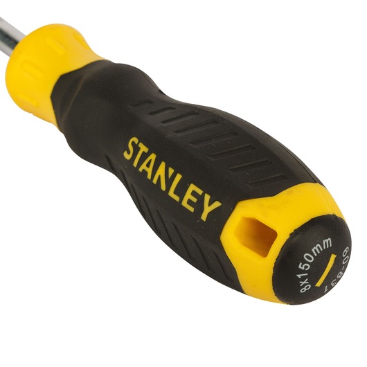 Stanley STMT60831-8 black and yellow screwdriver handle, close-up photo on white background.