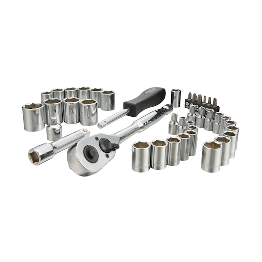 Stanley socket and ratchet set, chrome finish, assorted sockets, screwdriver, bits, front angle on white
