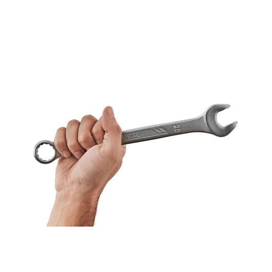 Photo of STANLEY STMT72817-8 combination wrench held in hand, silver finish, front angle.