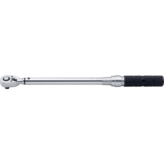 Stanley STMT73590 torque wrench, silver body with black grip, side angle on white background