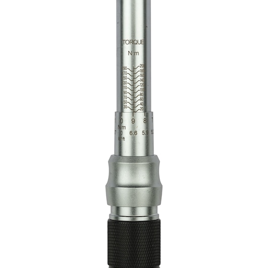 STANLEY STMT73590 torque wrench close-up, showing silver body with black measurement markings, white background.