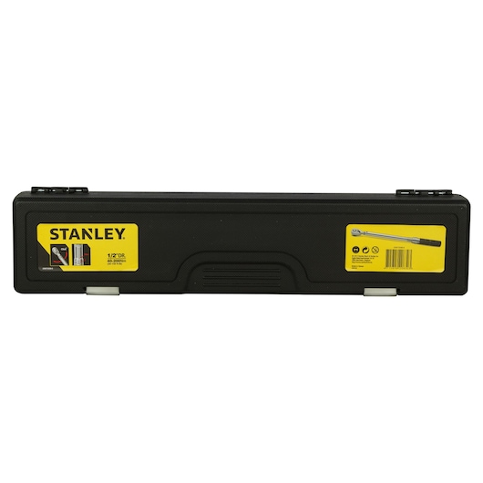 Photo of STANLEY STMT73590 black hard case for torque wrench, rectangular with yellow label, front view.