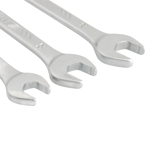 STANLEY STMT73649-LA set of three open-end wrenches, silver finish, top side angle on white background.