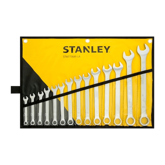STANLEY STMT73649-LA combination wrench set with 12 wrenches in a yellow and black roll-up pouch, front angle.