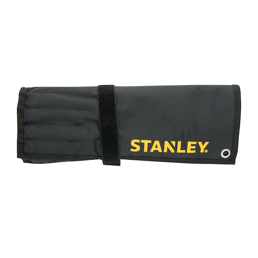 STANLEY STMT73649-LA black tool roll with yellow logo, secured with velcro strap, photography, front view.