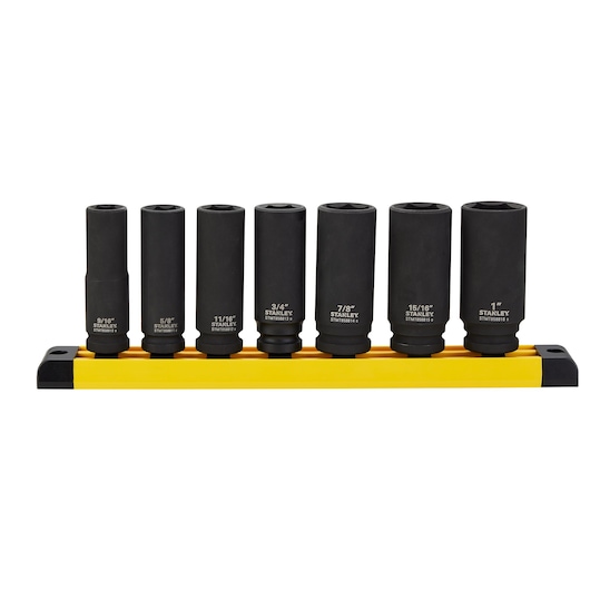 Stanley STMT74736 socket set of seven black sockets on yellow rail, front angle, photography.