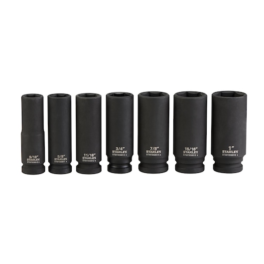 Stanley STMT74736 deep impact socket set, black finish, seven sockets, front angle on white background.