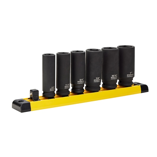STANLEY STMT74736 socket set with 7 black sockets on yellow rack, product photo, front angle.