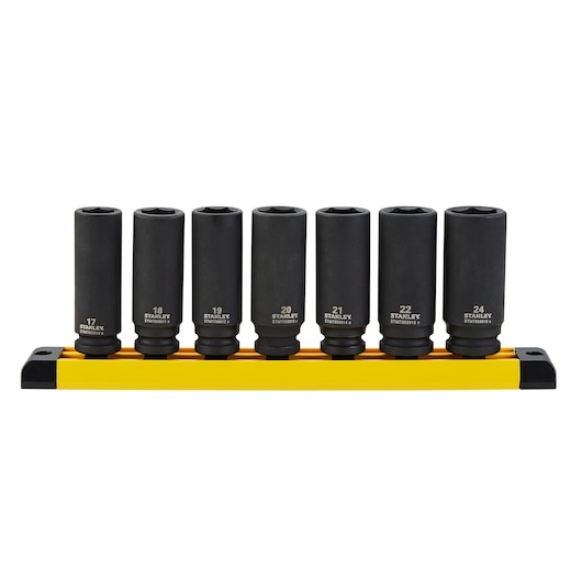 STANLEY STMT74737 7-piece deep impact socket set, black sockets on yellow holder, front angle.
