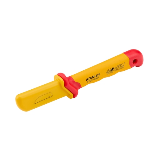 STANLEY STMT77867 insulated knife with yellow and red handle, blade cover, side angle on white background.