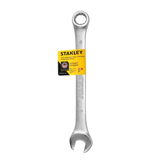 Stanley STMT80217-840 combination wrench, silver, front angle, yellow label, photography on white background.