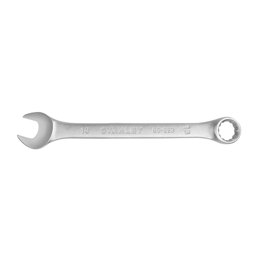 STANLEY STMT80223-840 combination wrench with open and box end, silver finish, top view, hand tool.