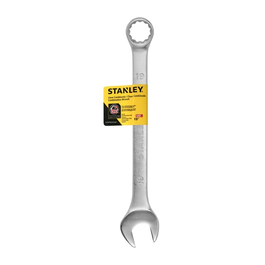 STANLEY STMT80233-840 combination wrench, silver, 19mm, with yellow label, front view on white background.