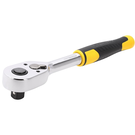 STANLEY STMT82665-0 ratchet wrench with chrome head and yellow-black handle, side angle, white background.