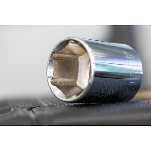 STANLEY STMT82829-LA chrome socket, close-up side angle, shiny metal finish, photography of hand tool.
