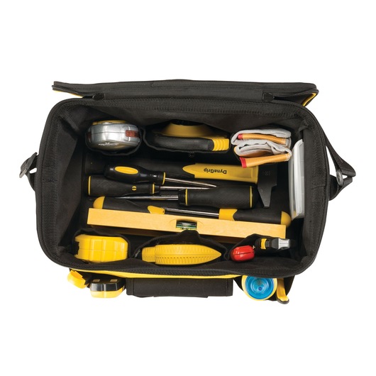 STANLEY STST1-73615 tool bag top view with assorted hand tools, tape measure, level, and accessories in black bag.