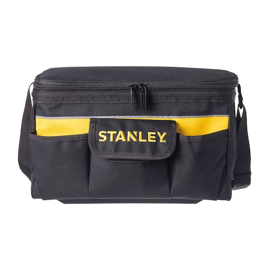 STANLEY STST1-73615 black and yellow tool bag, front angle, with multiple pockets and zipper.