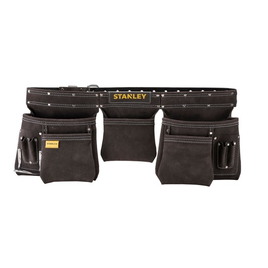 STANLEY STST1-80113 tool belt with multiple suede pouches and contrast stitching, front view on white background.