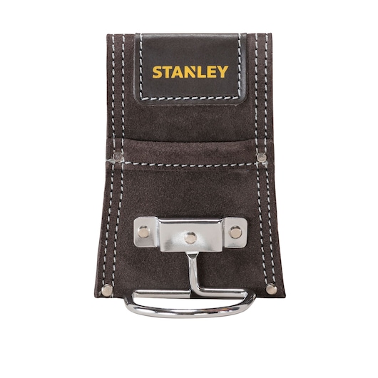 STANLEY STST1-80117 suede hammer holder with metal loop, black with white stitching, front view.