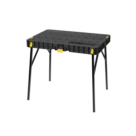 STANLEY STST11552 portable black workbench with foldable legs photographed from front angle on white background.