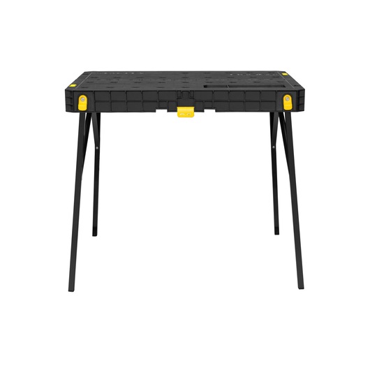 Stanley STST11552 black folding workbench with yellow accents, photography from front angle on white background.