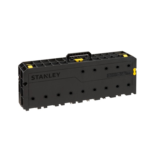 STANLEY STST11552 black plastic tool case with handle and yellow latches, front angle on white background.