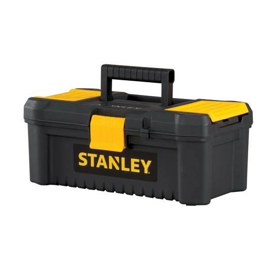 Stanley black and yellow plastic toolbox, angled shot, with handle and secure latch on white background