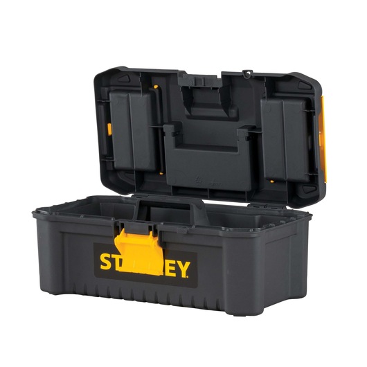 Stanley black plastic toolbox with yellow latch, open, front angle on white background