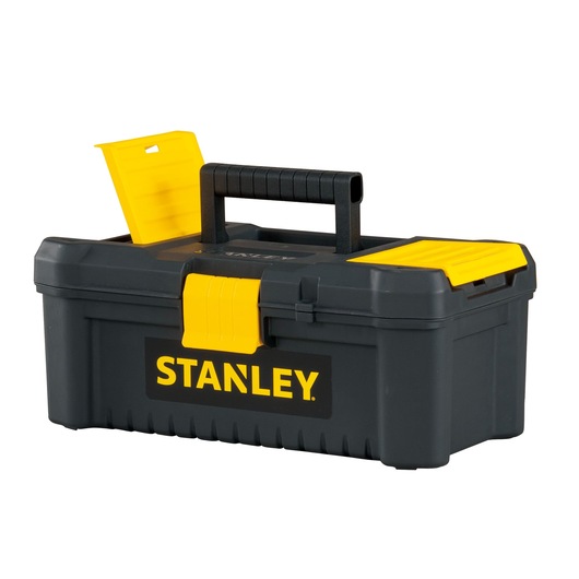 Front angle of STANLEY black and yellow plastic toolbox with handle and yellow latch, white background