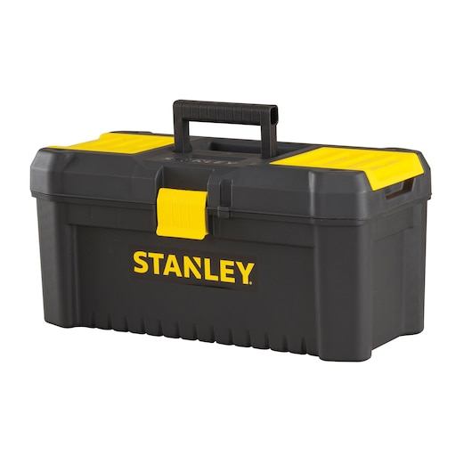 Stanley black and yellow plastic toolbox with handle, angled front view on white background