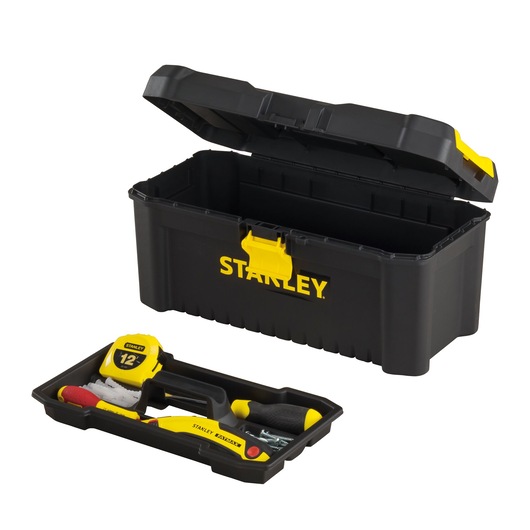 STANLEY black plastic toolbox with yellow latch and lid open, tray insert holds hand tools and tape measure, front angle.