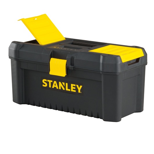 Stanley plastic toolbox with yellow latches and top organizer, angled side view on white background