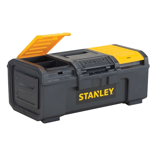 Stanley black and yellow toolbox front angled view with top compartment lid open on white background