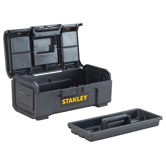 Front angle of STANLEY black plastic toolbox with open lid and removable tray on white background.