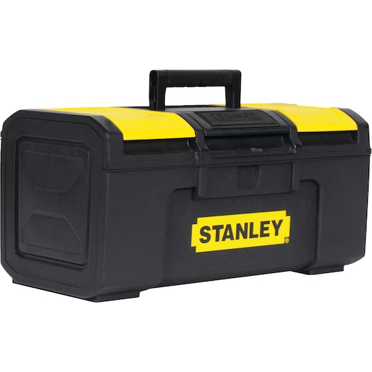 STANLEY STST16410 toolbox, black with yellow lid, front angle, large carry handle, compact design.