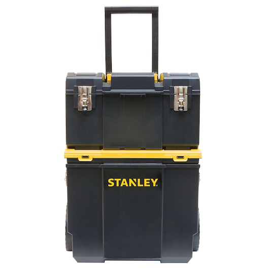 STANLEY STST18613 black and yellow rolling tool box with handle, front angle photography.
