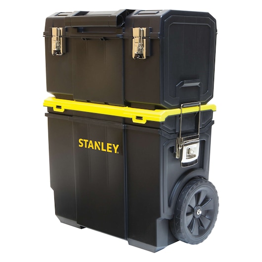 Photo of STANLEY STST18613 black and yellow rolling tool chest with two compartments and metal latches, angled view.