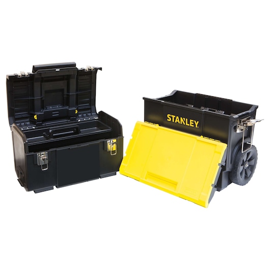 Stanley black and yellow rolling tool boxes, one open with compartments, one closed with large wheels, front angle