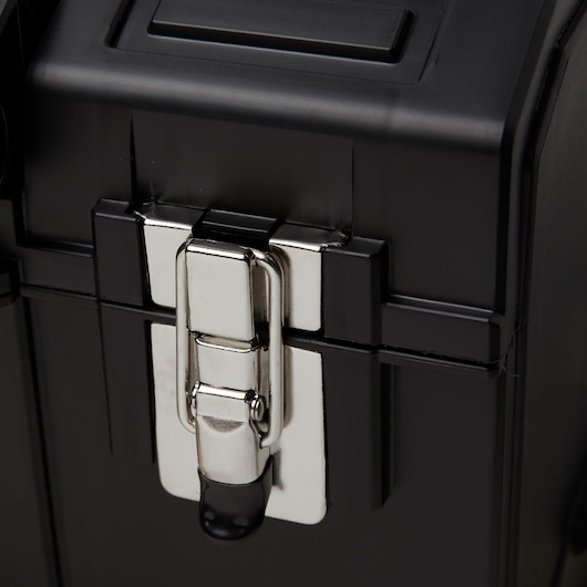 STANLEY STST18613 black toolbox close-up, showing metal latch and sleek plastic body.