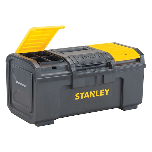 Stanley tool box angled view, black body with yellow lids, one lid open showing compartments