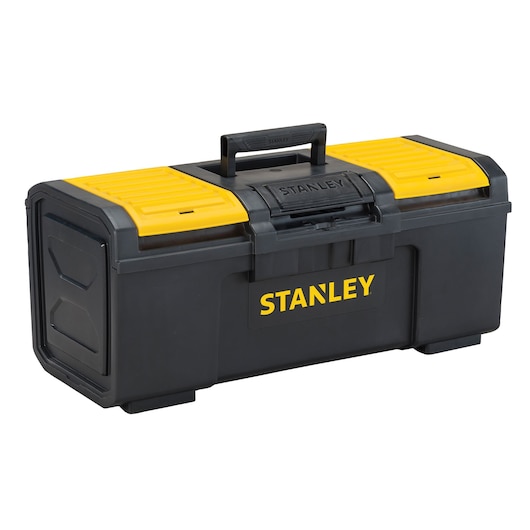 Stanley black and yellow toolbox front angled shot on white background