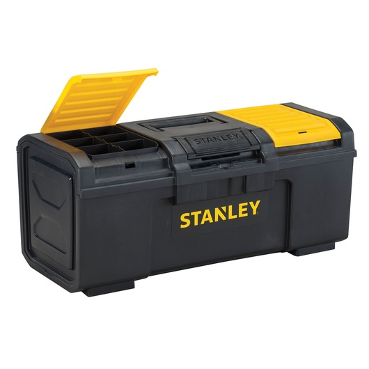 Stanley toolbox front angle, black and yellow, open compartment on lid, white background