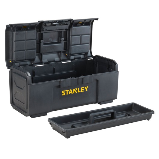 Front angle of STANLEY black plastic toolbox with open lid and removable tray on white background
