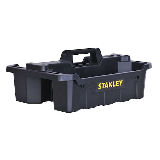 Stanley black plastic tool caddy with yellow logo, top angle on white background